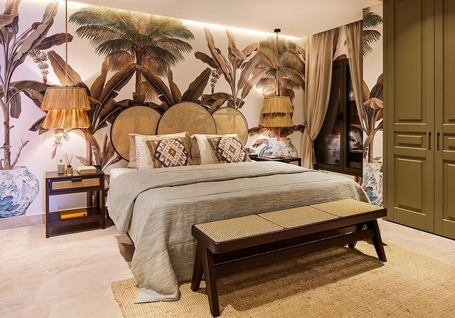 19. Classic Palm Mural Bedroom in Mocha and Beige - tropical bedroom ideas