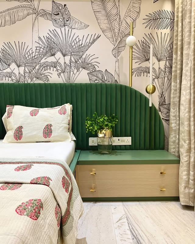 20. Fluted Emerald Headboard with Botanical Line Art - tropical bedroom ideas