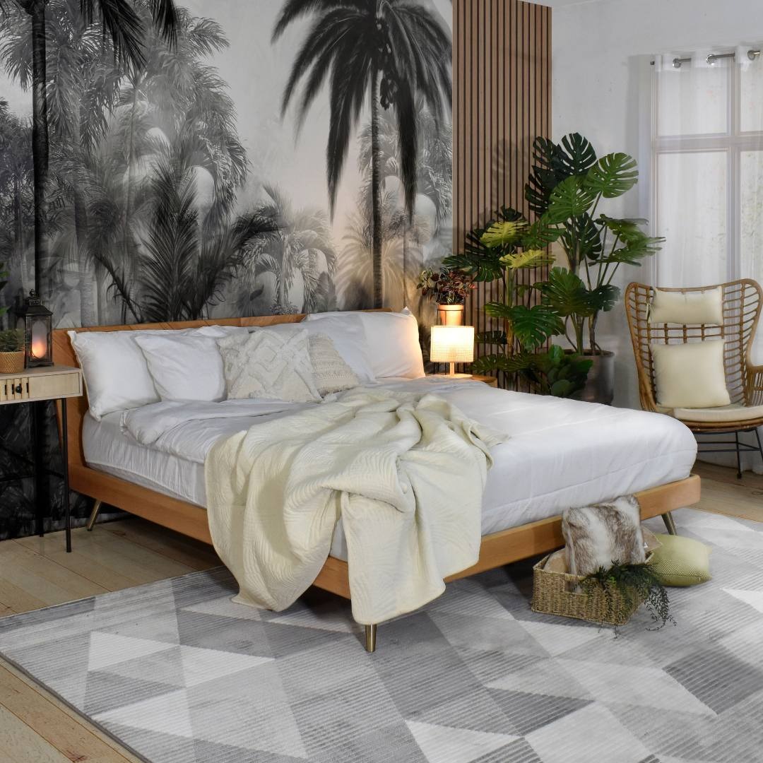 21. Monochrome Palm Mural Bedroom in Black, White, and Natural Oak - tropical bedroom ideas