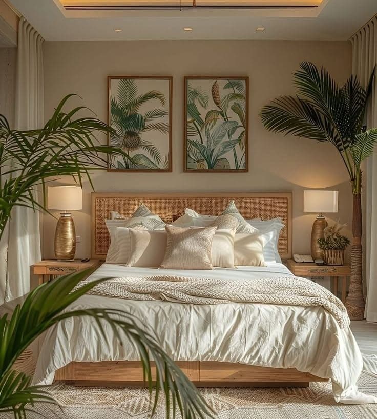 22. Soft Coastal Tropical Bedroom in Cream and Leaf Green - tropical bedroom ideas
