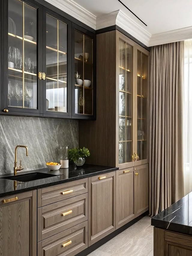 1. Classic Espresso Cabinets with Brass Accents - brown kitchen cabinets ideas
