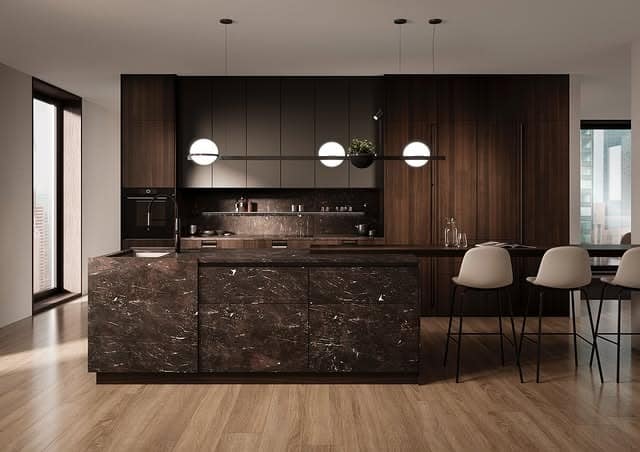 8. Modern Walnut Slab Cabinets with Stone Island Front - brown kitchen cabinets ideas