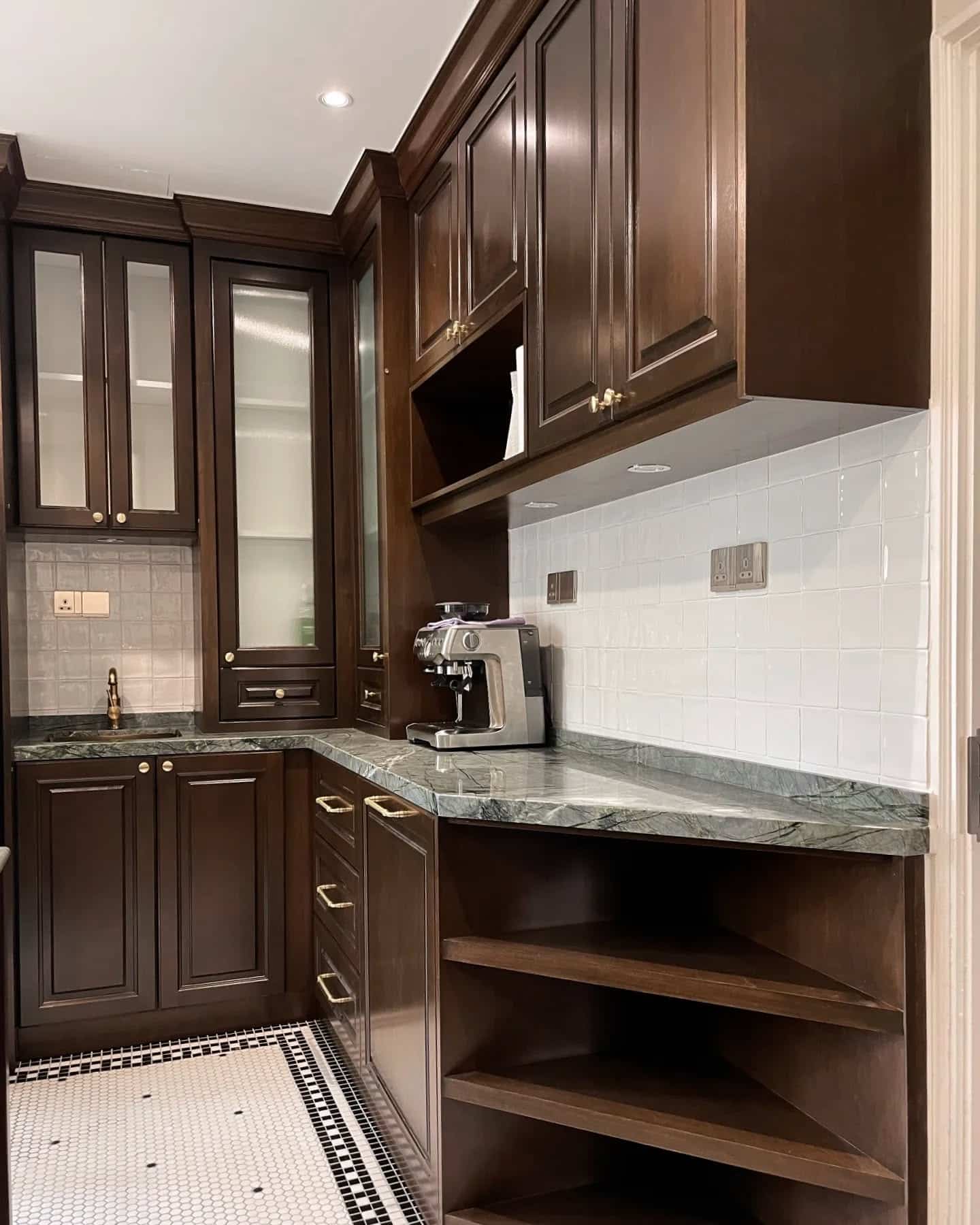 16. Traditional Mahogany Cabinets with Marble Countertops - brown kitchen cabinets ideas