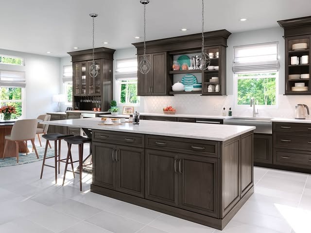 18. Smoky Brown Cabinets with Expansive White Island - brown kitchen cabinets ideas