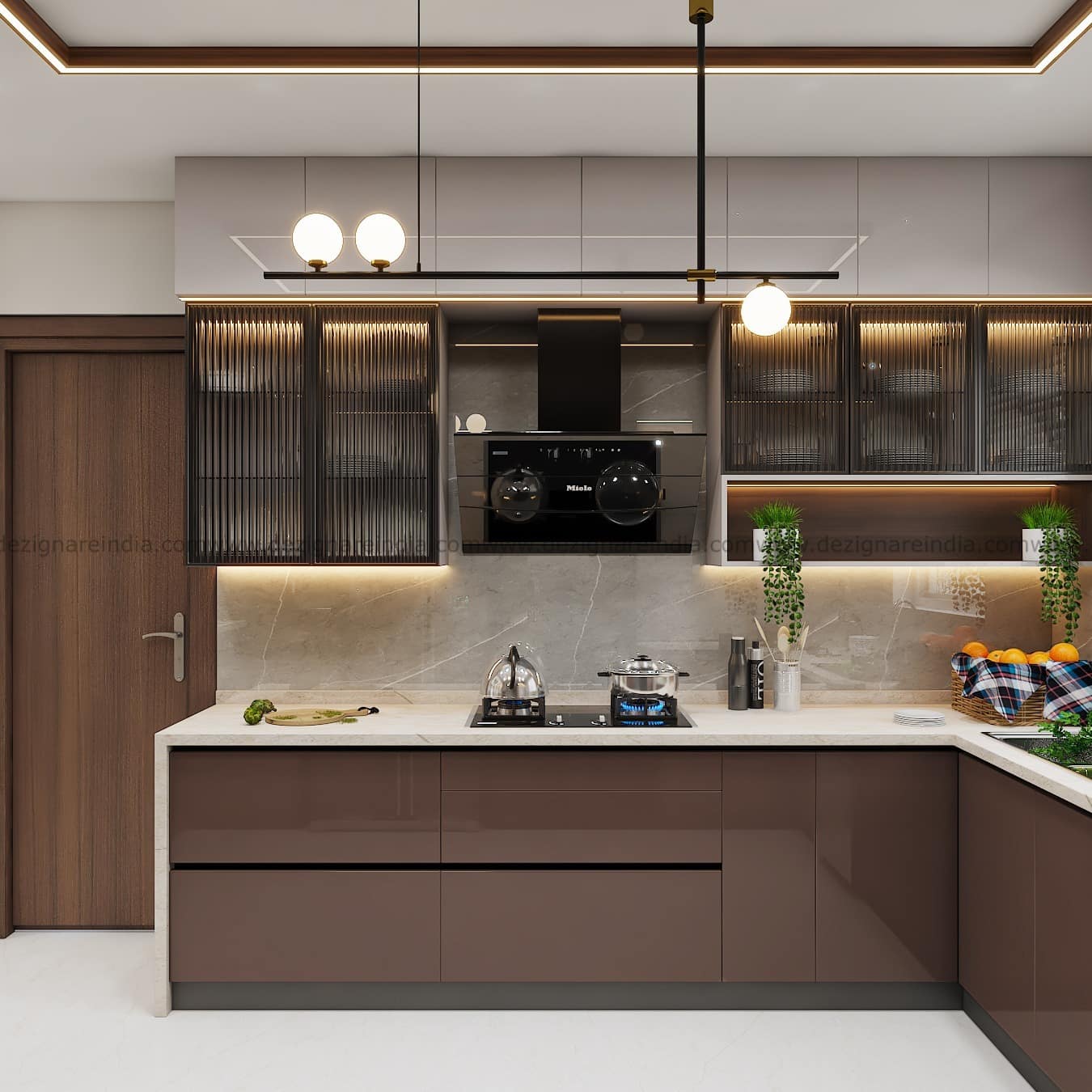 22. Mocha Brown High-Gloss Cabinets with Fluted Glass Accents - brown kitchen cabinets ideas