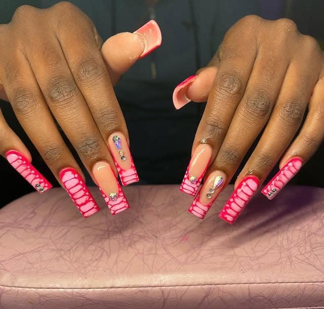 1. Neon Pink Croc French Coffin Nails with Rhinestones - french coffin nail ideas