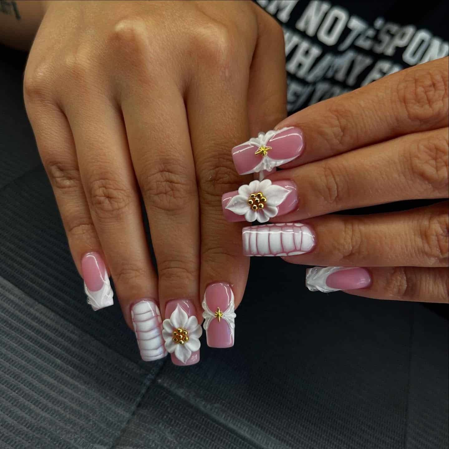 2. Soft Pink 3D Floral French Coffin Nails - french coffin nail ideas