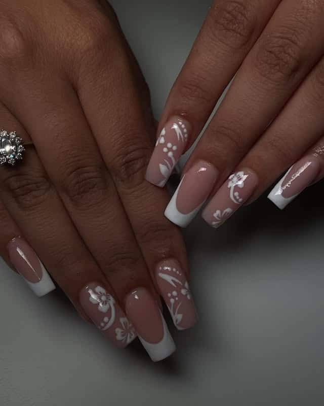 4. Classic White Floral French Coffin Nails - french coffin nail ideas
