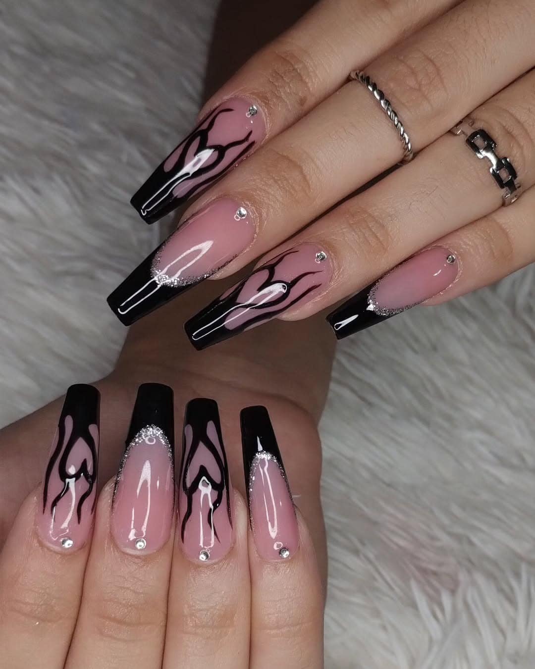 5. Black Flame French Coffin Nails with Rhinestones - french coffin nail ideas