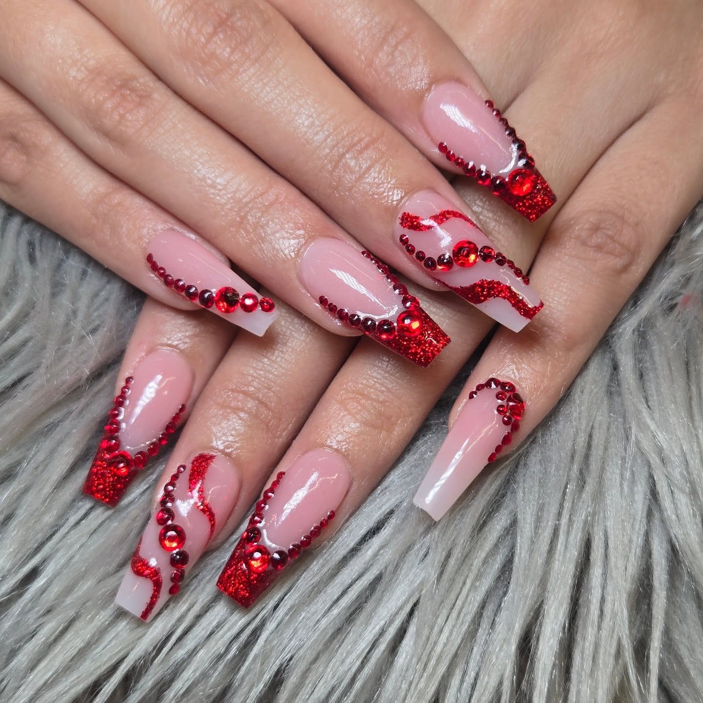 8. Red Glitter and Crystal French Coffin Nails - french coffin nail ideas