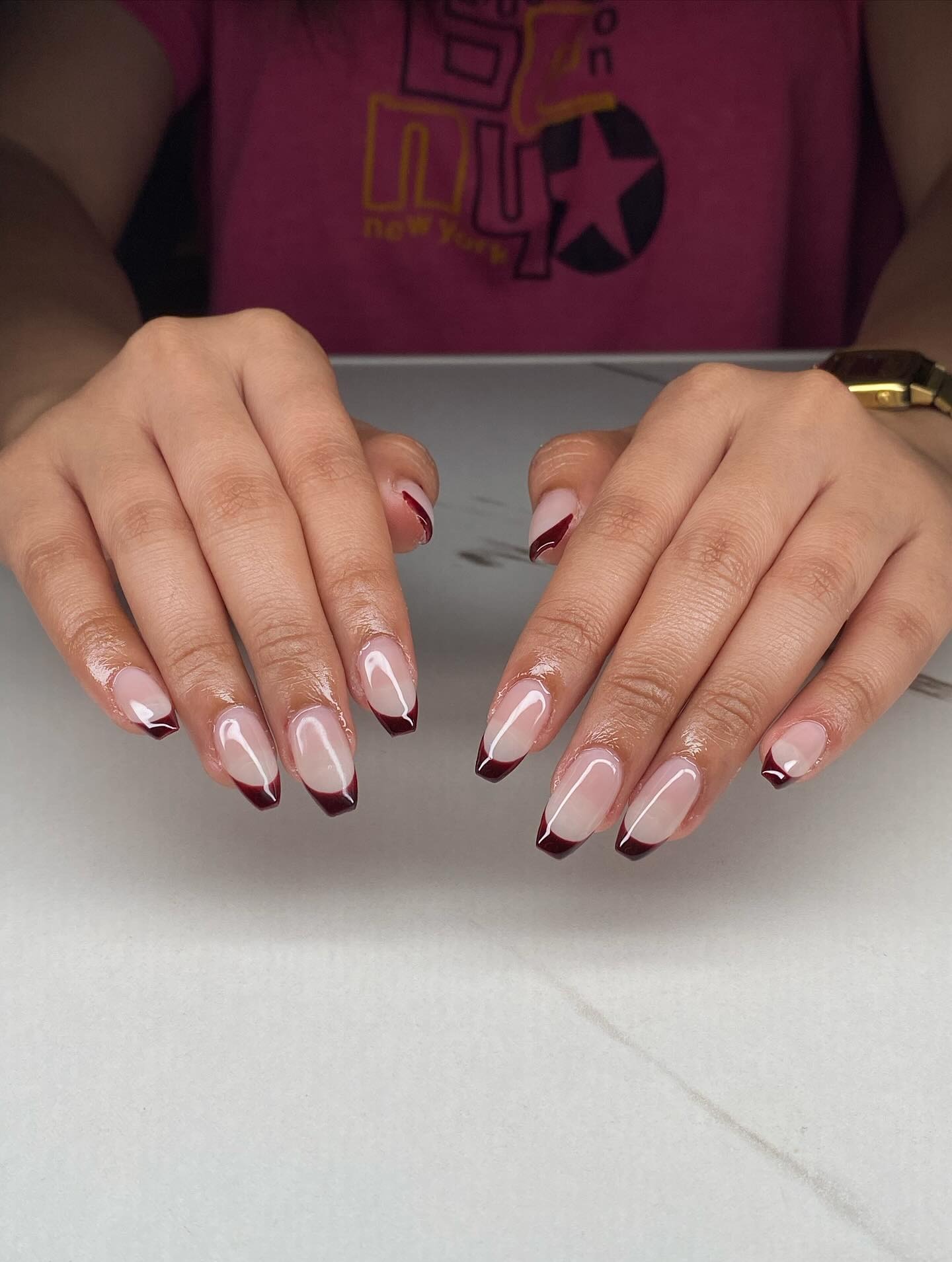 11. Burgundy Angled French Coffin Nails - french coffin nail ideas