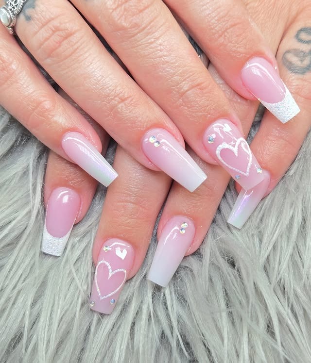 13. Pink Ombre French Coffin Nails with Heart Accents - french coffin nail ideas
