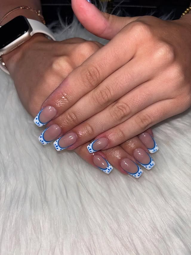 15. Blue Outline French Coffin Nails with Dot Detail - french coffin nail ideas