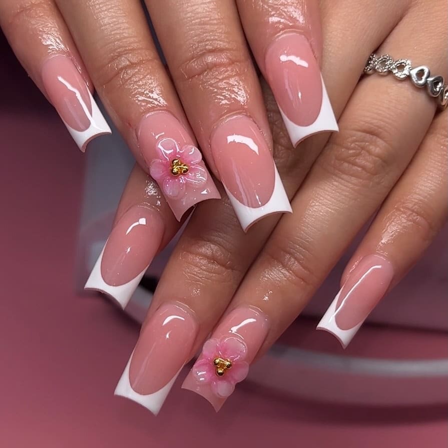 17. Pink French Coffin Nails with 3D Blossom Art - french coffin nail ideas