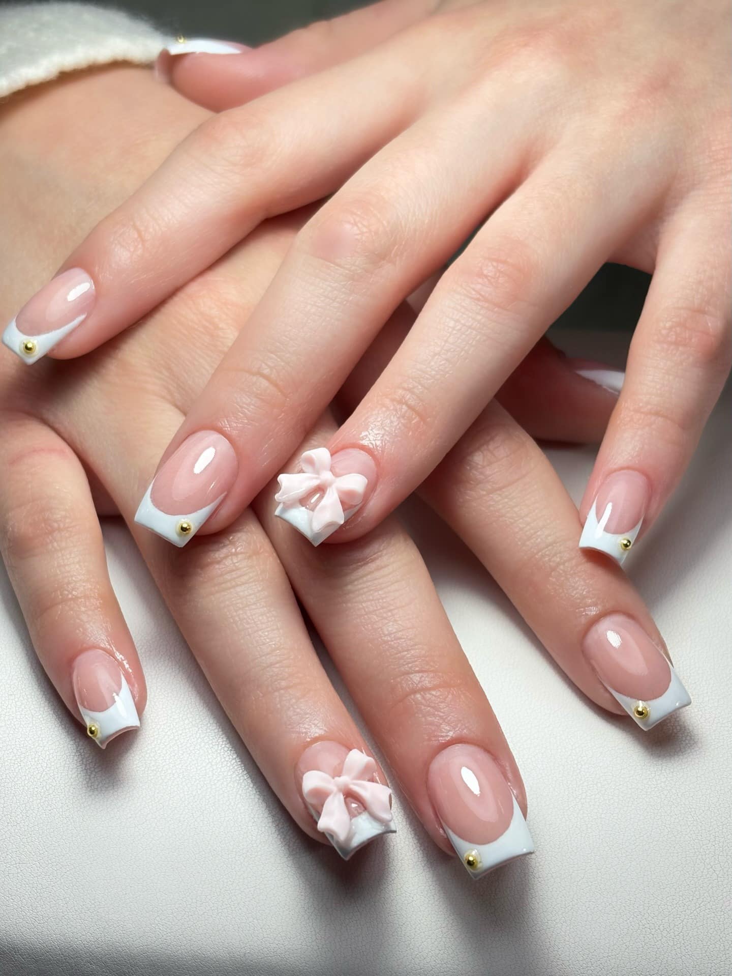 18. Baby Pink French Coffin Nails with 3D Bow - french coffin nail ideas