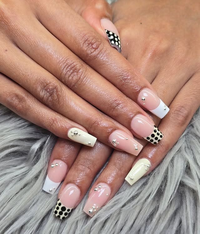 19. Black and Cream Polka Dot French Coffin Nails with Crystals - french coffin nail ideas