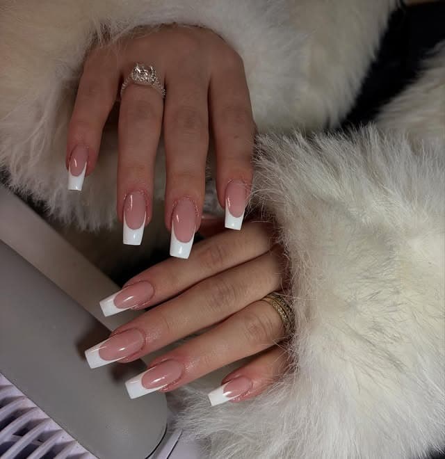 21. Glossy Nude Pink Classic French Coffin Nails - french coffin nail ideas