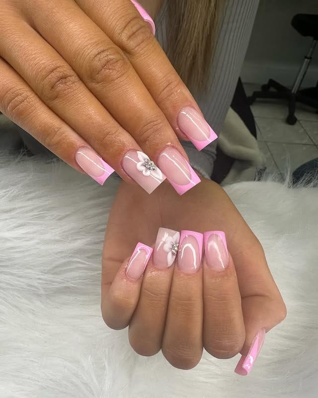 1. Blush Pink Square French Tips with 3D Floral Accent - french tip flower nail ideas