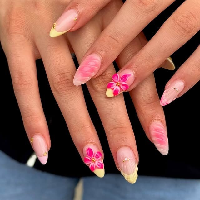 4. Tropical Pink Floral French with Pastel Yellow Tips - french tip flower nail ideas