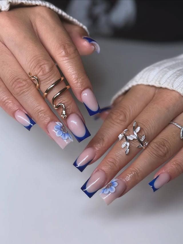 12. Royal Blue Square French with 3D Blue Flower Detail - french tip flower nail ideas