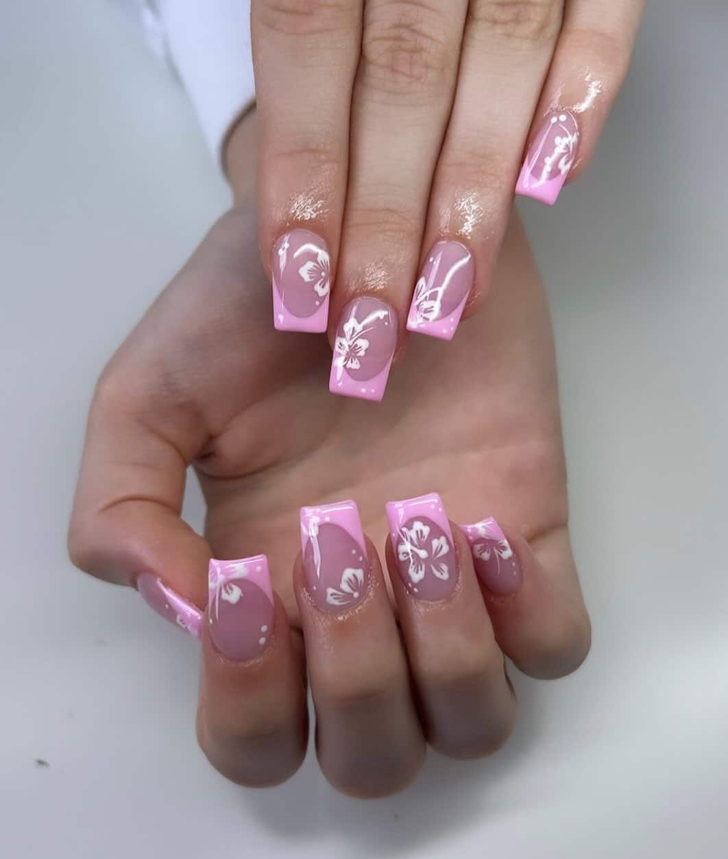 13. Baby Pink Square French with White Hibiscus Art - french tip flower nail ideas
