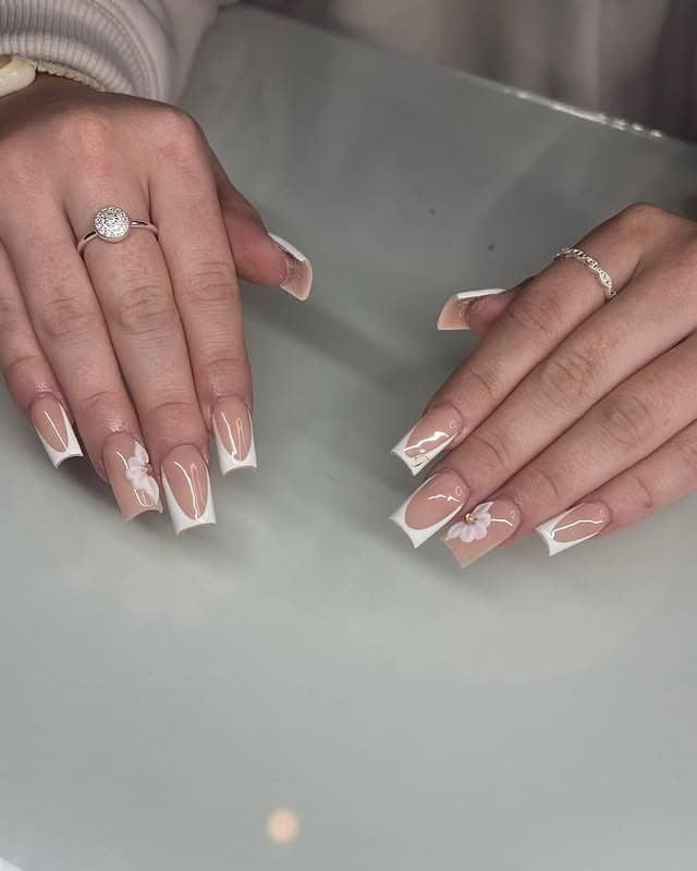16. Modern White Square French with Minimal Floral Line Art - french tip flower nail ideas