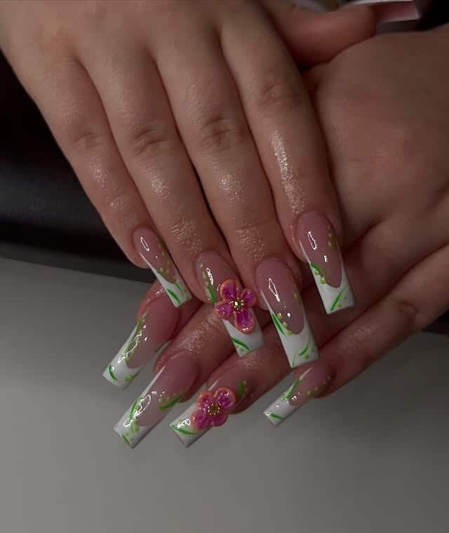 17. White and Green Square French with Pink 3D Flower - french tip flower nail ideas