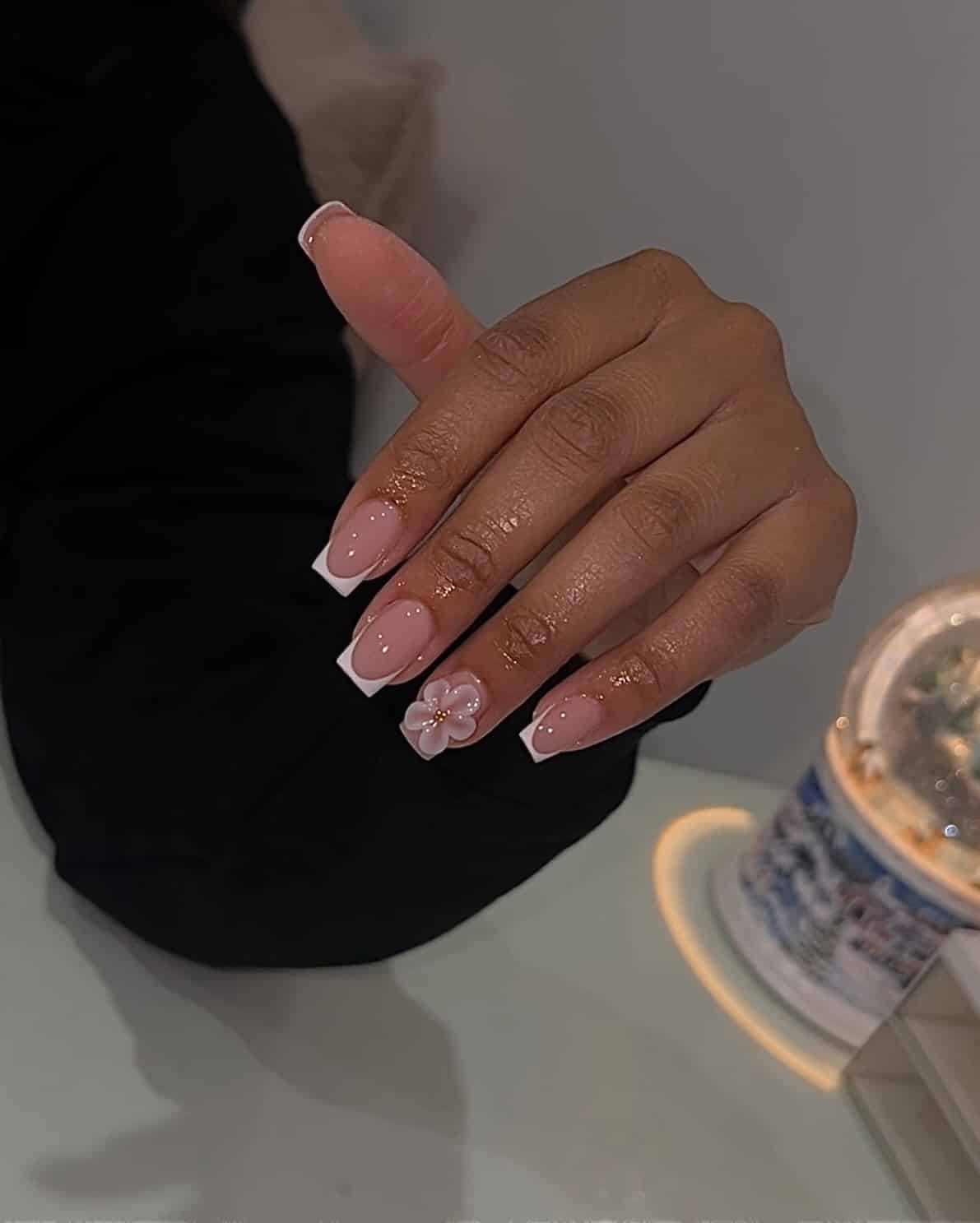 18. Classic White Micro French with Soft Pink 3D Flower - french tip flower nail ideas