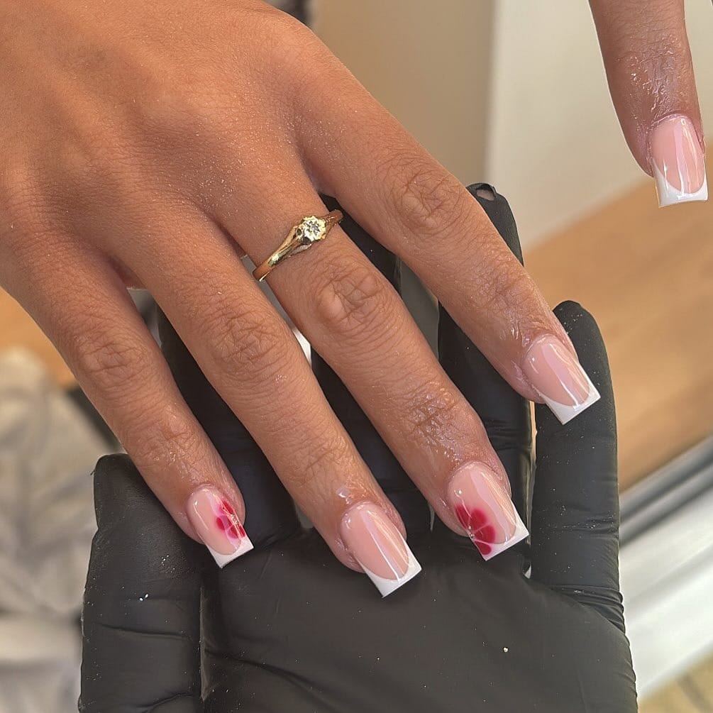 20. Square White French with Red Floral Fade Accent - french tip flower nail ideas