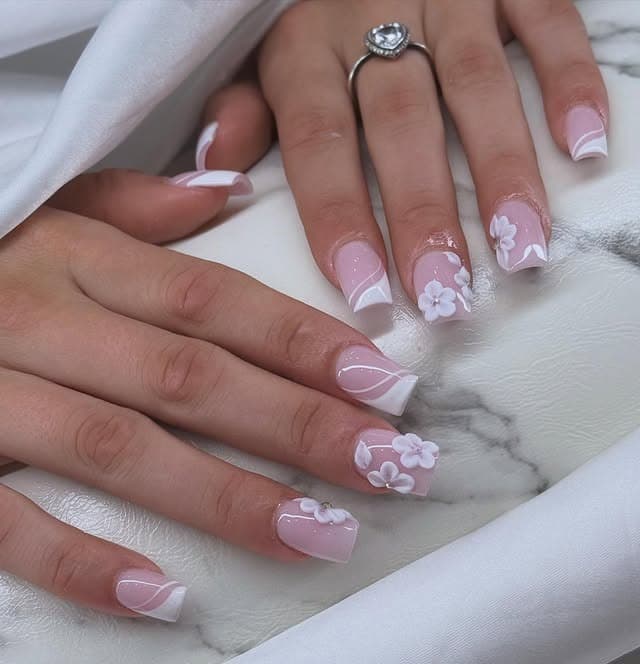 21. Blush Pink Square French with White 3D Floral Detail - french tip flower nail ideas