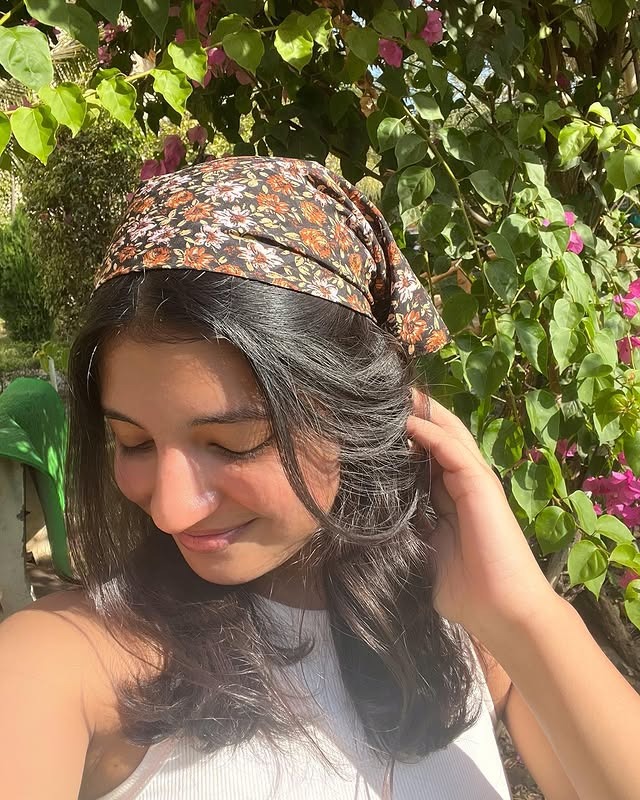 2. Soft Black Layers with Floral Bandana Wrap - Bandana Hairstyles