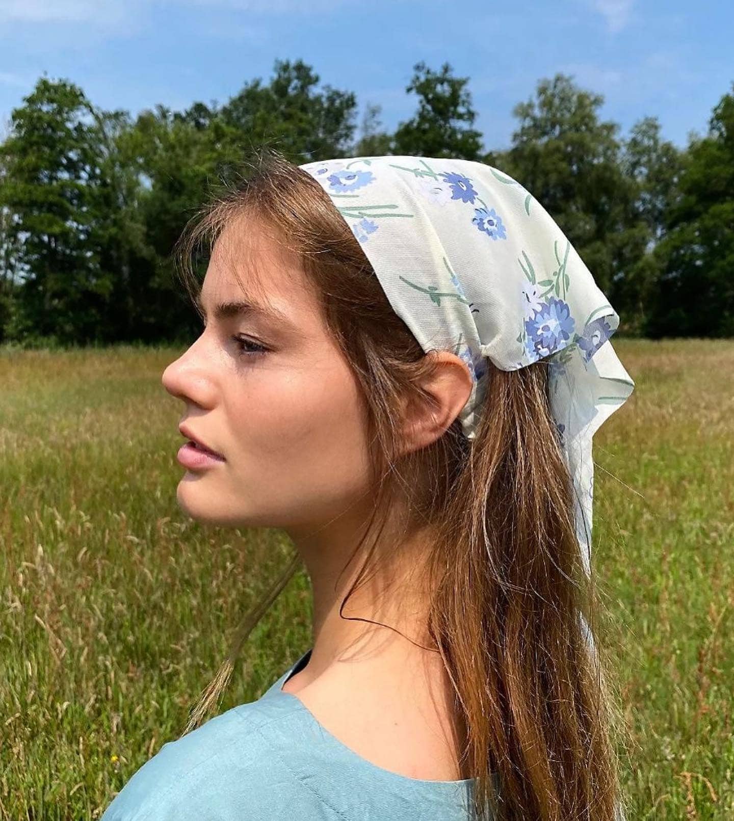 3. Light Brown Straight Length with Blue Floral Scarf - Bandana Hairstyles