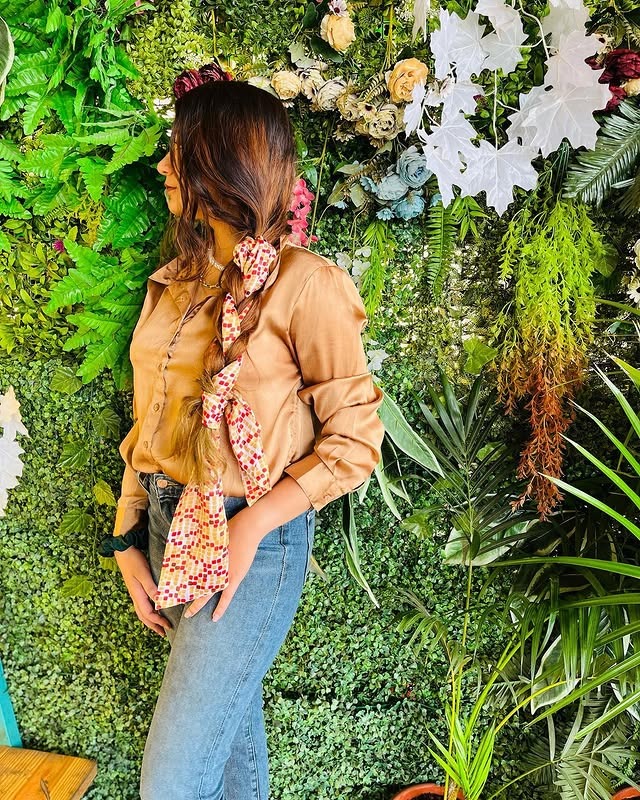 9. Brunette Side Braid with Printed Scarf Accent - Bandana Hairstyles