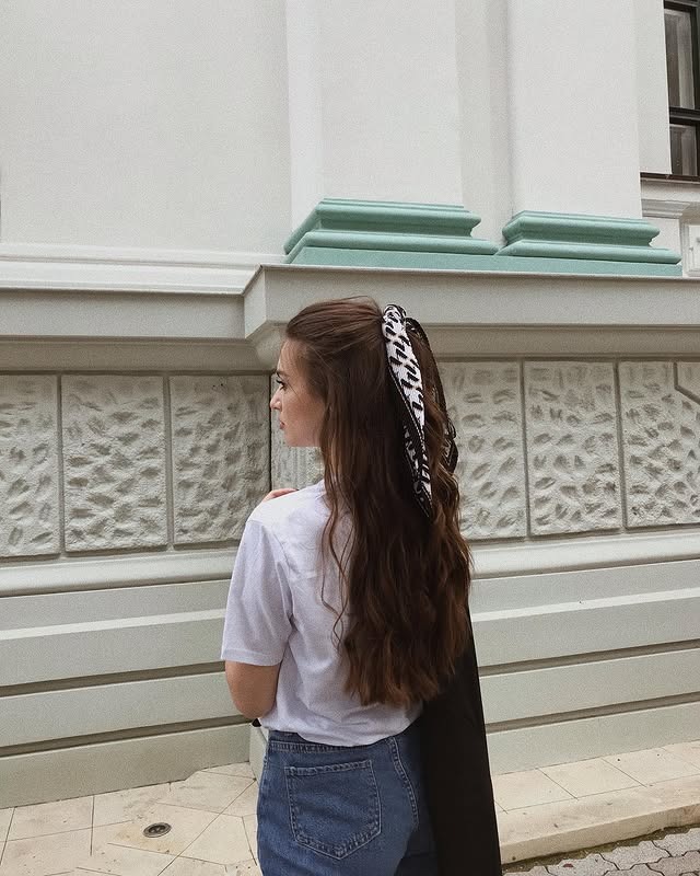 17. Chestnut Brown Straight Length with Geometric Silk Scarf - Bandana Hairstyles