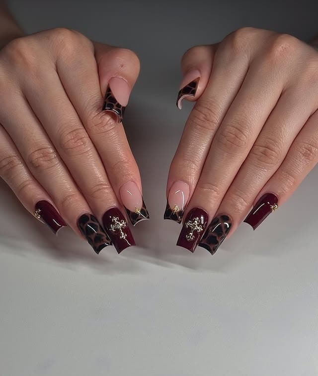 15. Burgundy Square Nails with Tortoiseshell and Gold Filigree - gold and brown nail ideas