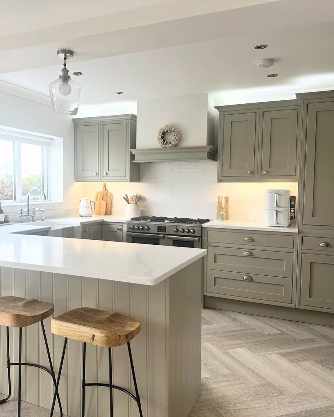 5. Olive Green Garage Kitchen with Classic Island - garage kitchen ideas