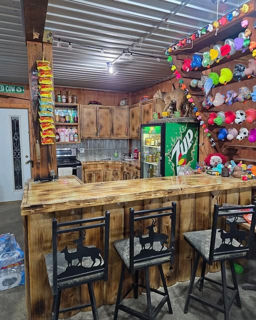 13. Rustic Wood Garage Bar Kitchen in Natural Brown - garage kitchen ideas