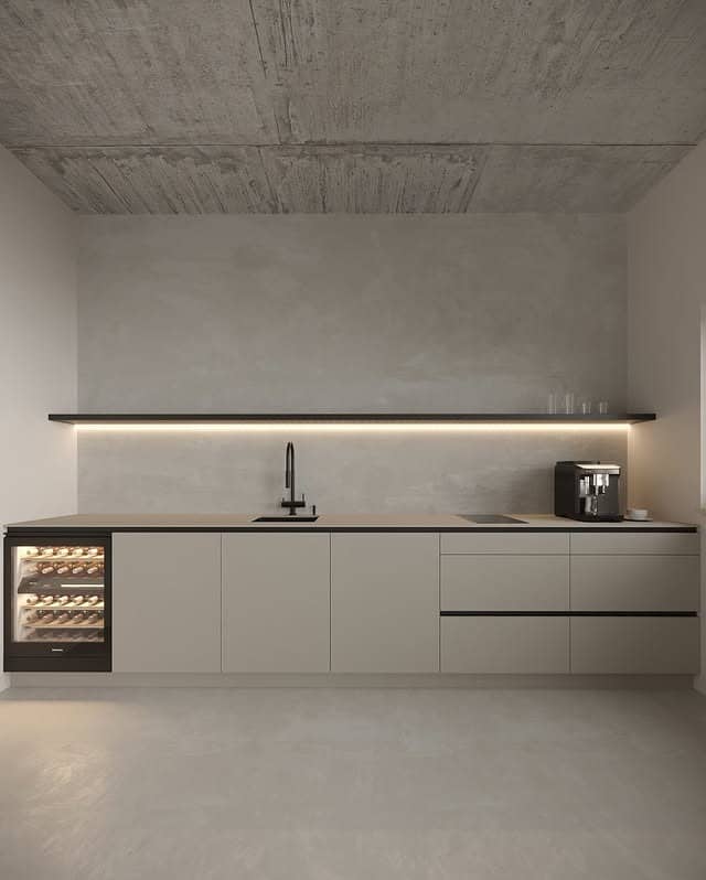 16. Ultra Minimal Garage Kitchen in Soft Beige and Concrete Gray - garage kitchen ideas