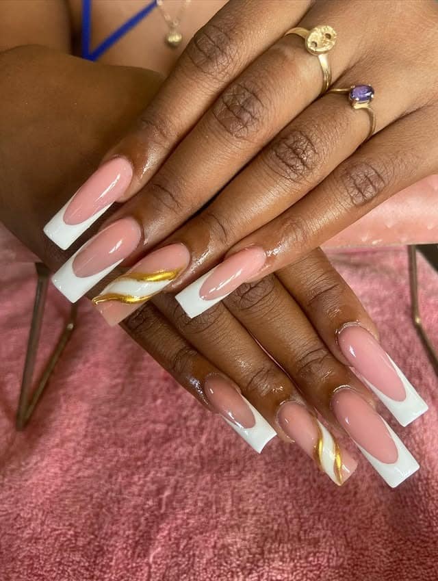 8. Glossy Pink Square Nails with Gold Chrome Wave Accent - gold chrome nail ideas