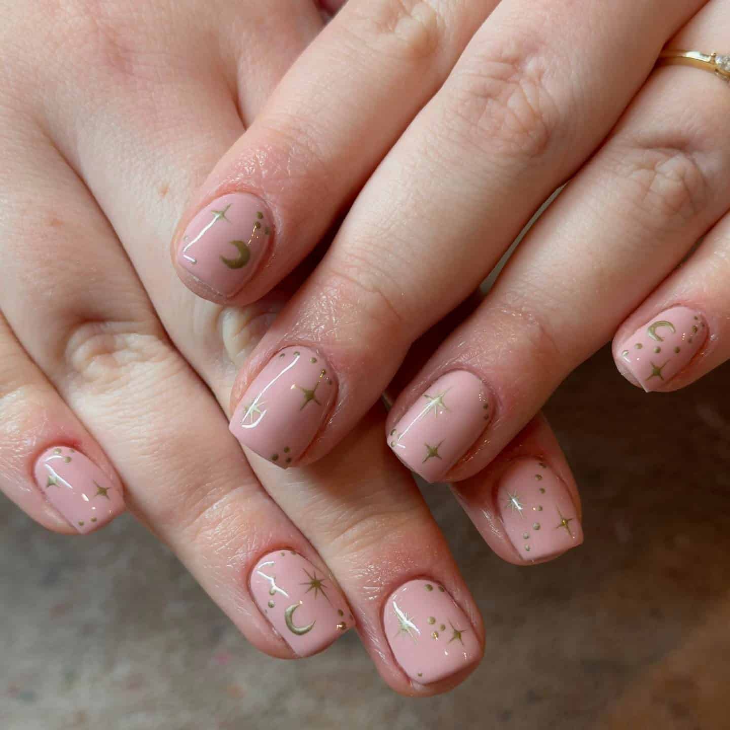 12. Dusty Pink Square Nails with Gold Celestial Accents - gold chrome nail ideas