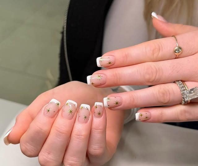 14. Sheer Pink Square French Tips with Gold Star Details - gold chrome nail ideas