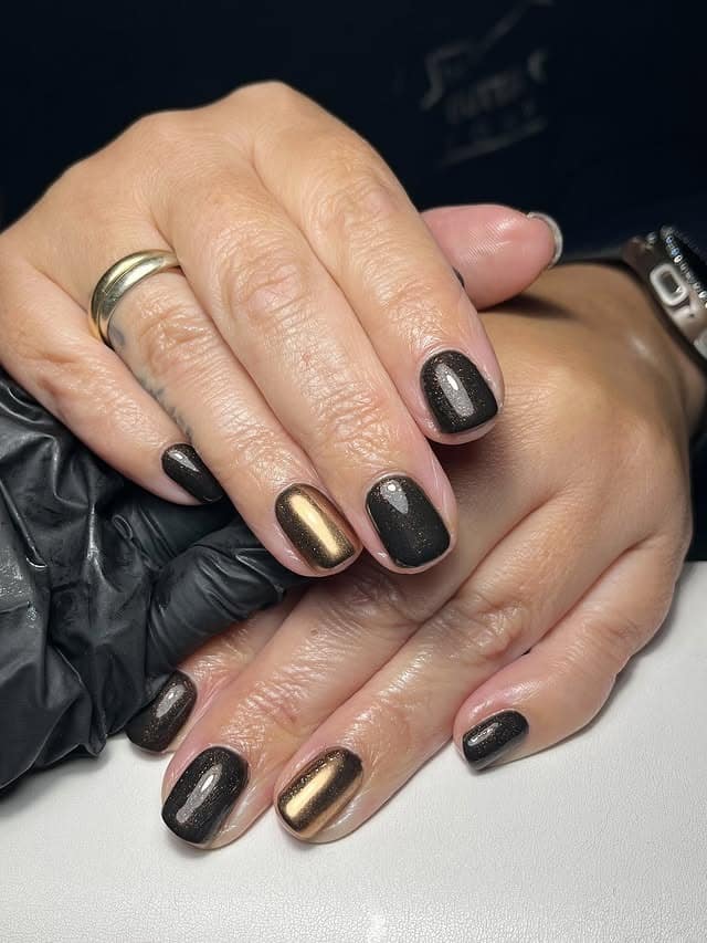 15. Espresso Brown Short Nails with Gold Chrome Accent - gold chrome nail ideas
