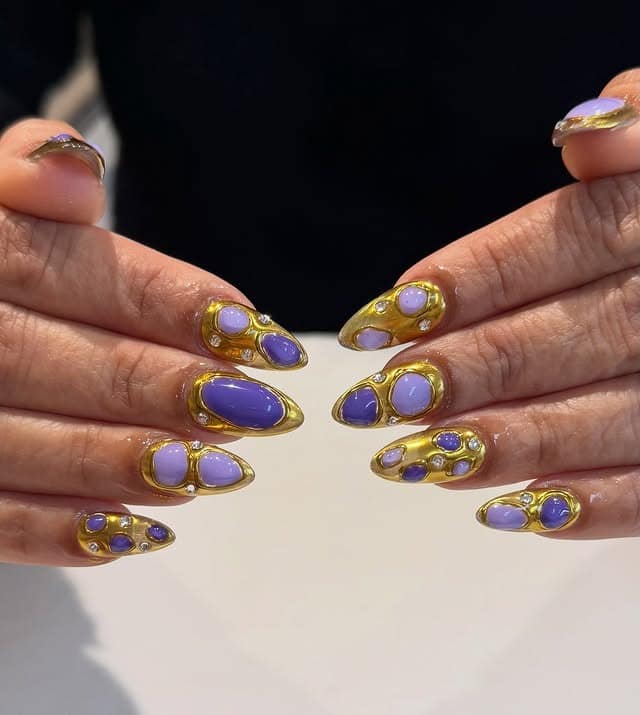 17. Lilac Almond Nails with Sculpted Gold Chrome Frames - gold chrome nail ideas