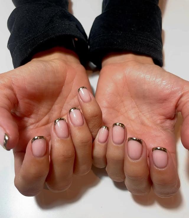 18. Soft Pink Short Nails with Gold Chrome Micro French - gold chrome nail ideas