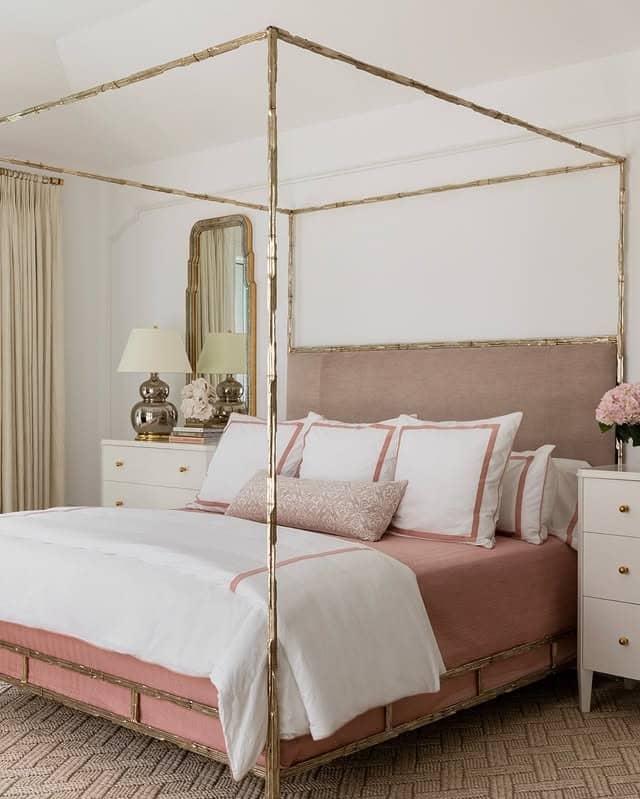 1. Blush and White Canopy Elegance with Brass Accents - pink and white bedroom ideas