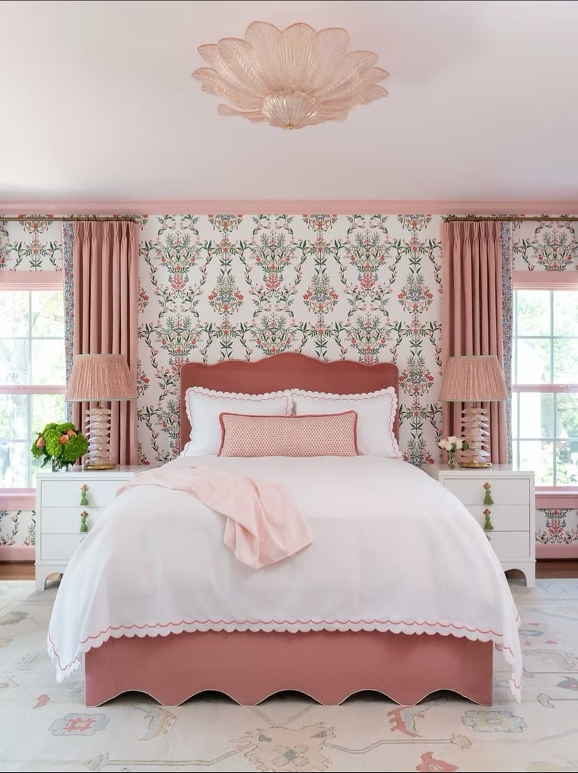 3. Floral Pink Wallpaper with Scalloped White Bedding - pink and white bedroom ideas