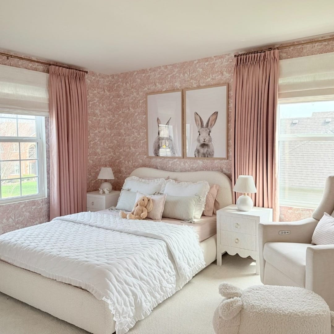 4. Soft Rose Toile with Creamy White Upholstery - pink and white bedroom ideas