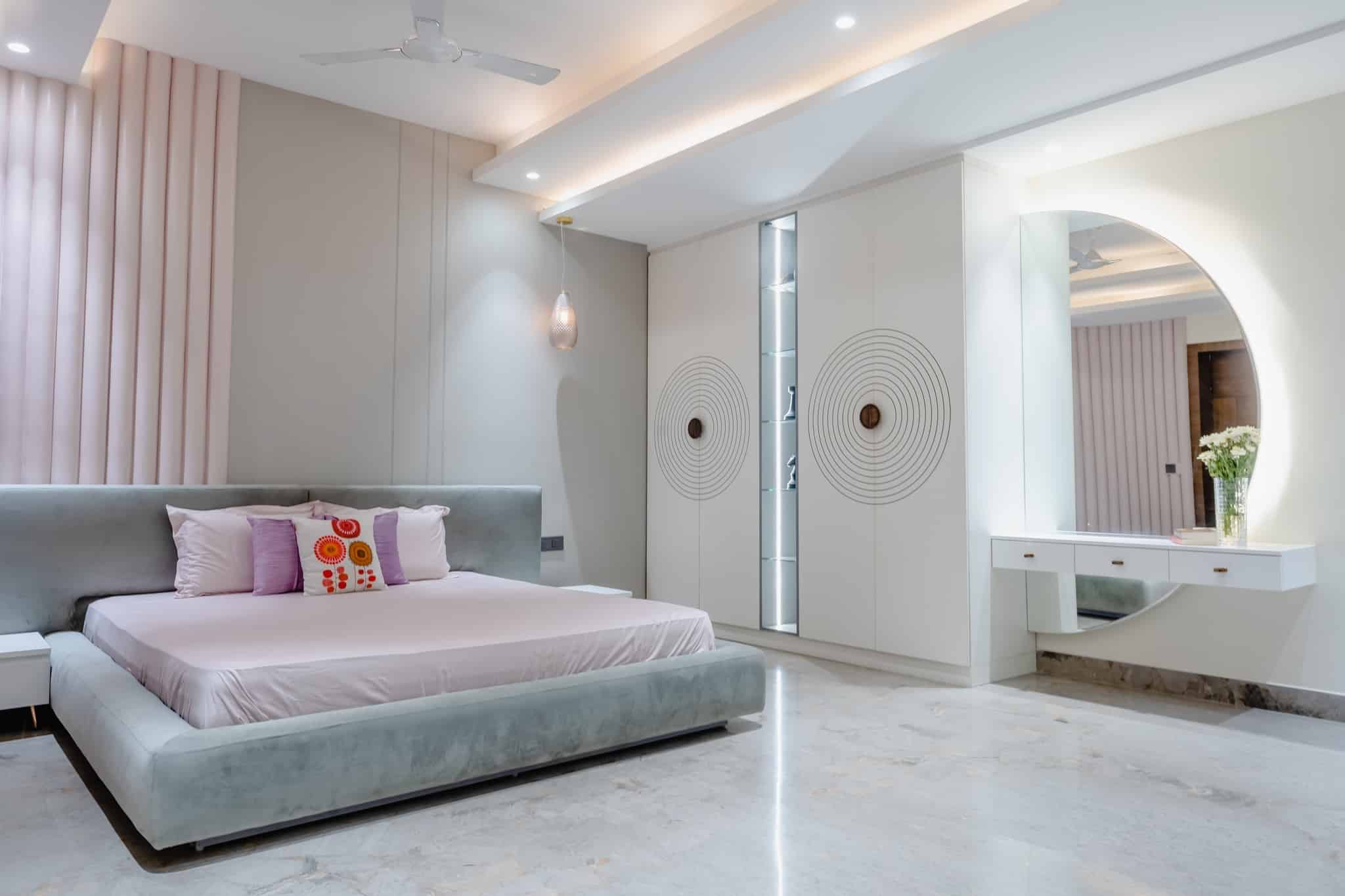 6. Contemporary Pink and White with Architectural Lighting - pink and white bedroom ideas