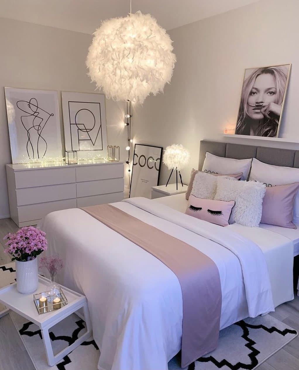 9. Glam Pink and White with Feather Lighting - pink and white bedroom ideas