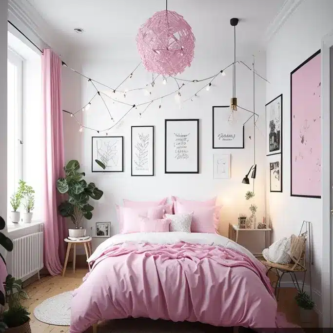 10. Playful Pink and White with Modern Gallery Wall - pink and white bedroom ideas